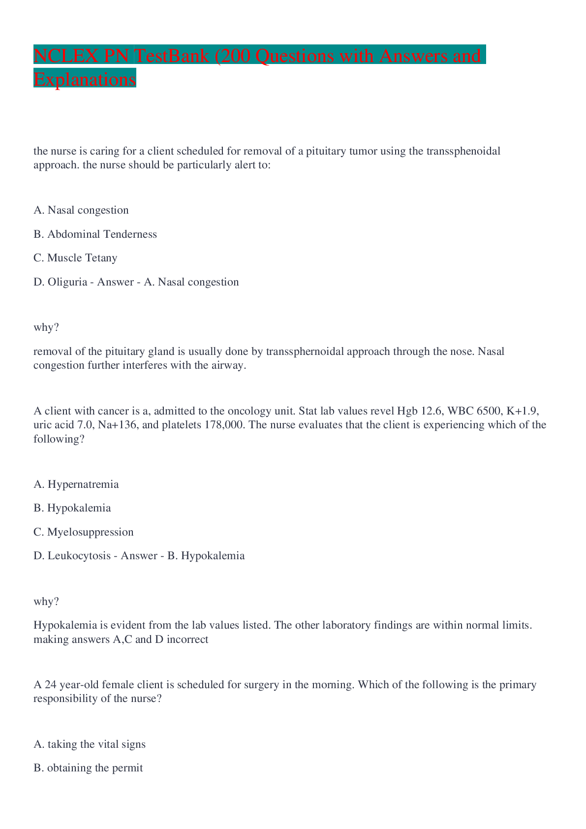 Preview image for NCLEX PN TestBank (200 Questions with Answers and Explanations